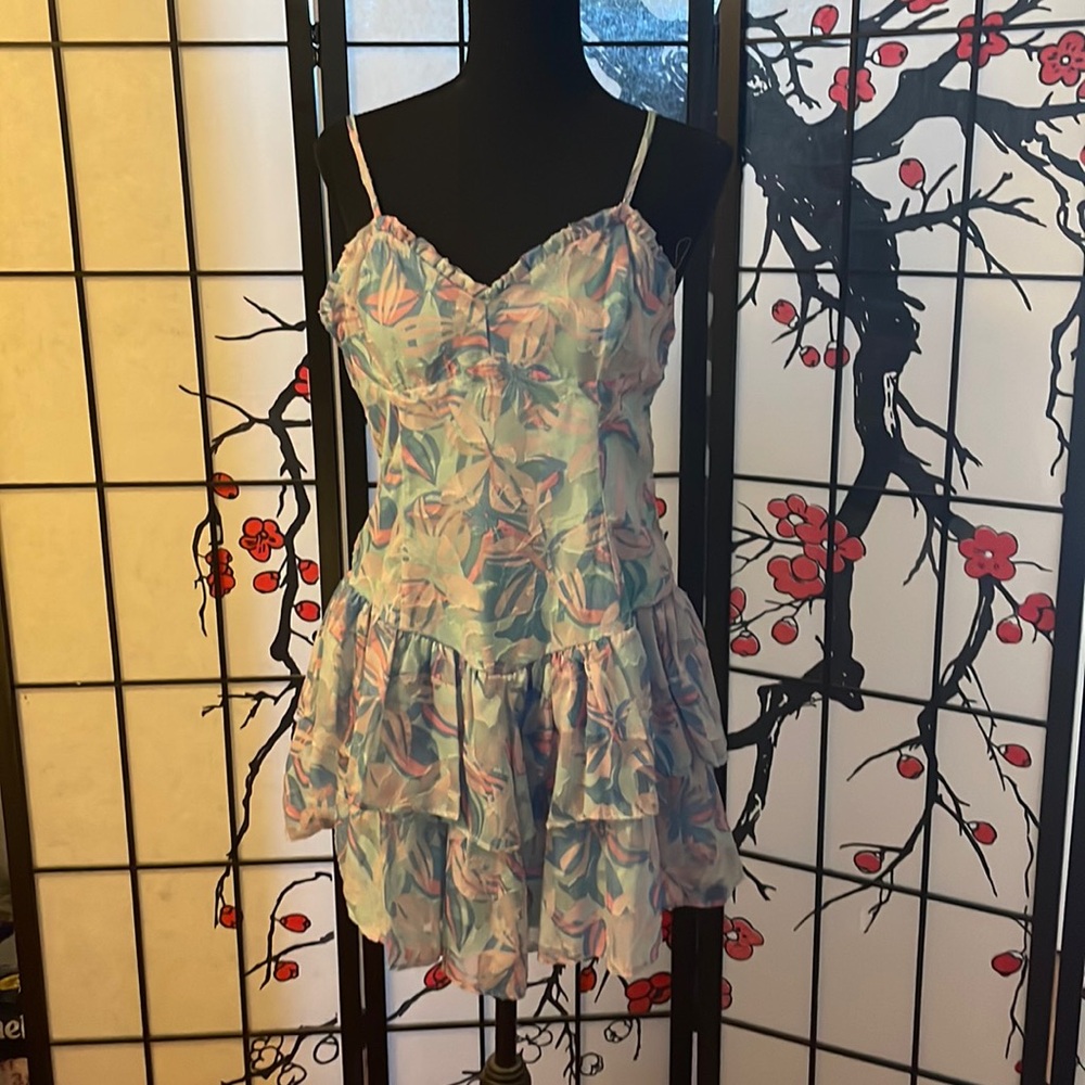 Wild Fable Floral Ruffle Tiered Mini Dress, Light Blue, Size M